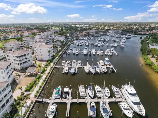 Bird's eye view of a large body of water and a marina