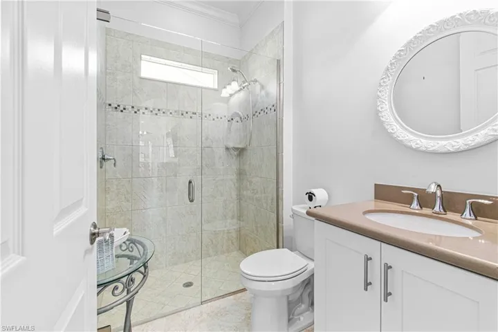 GUEST BATHROOM HAS A FULLY TILED WALK-IN GLASS SHOWER, YOUR FAMILY & FRIENDS WILL TRULY BE IMPRESSED WITH THE WONDERFUL ACCOMMODATIONS THAT YOU ARE PROVIDING THEM.