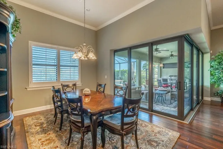 Dining area featuring ceiling fan with notable chandelier, dark hardwood / wood-style floors, a wealth of natural light, and crown molding