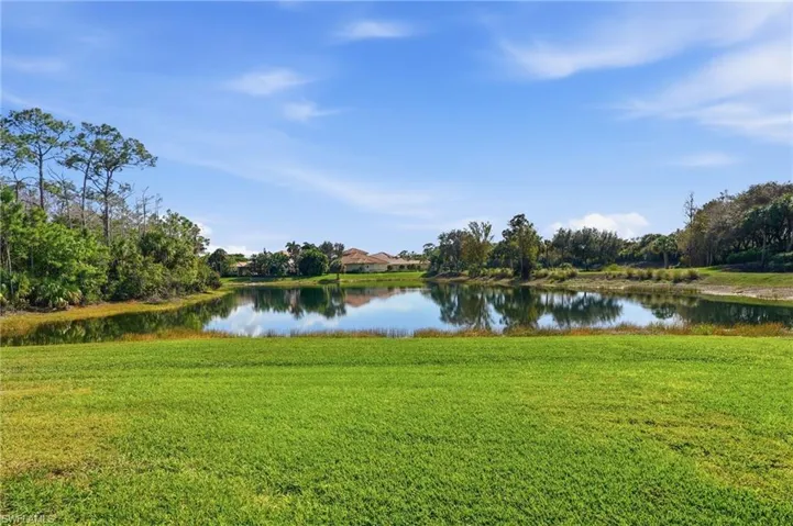 Expansive grounds featuring a grass lawn, water feature, and mature trees