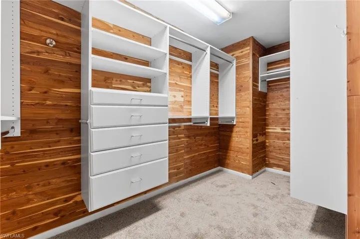 Walk in closet featuring light colored carpet