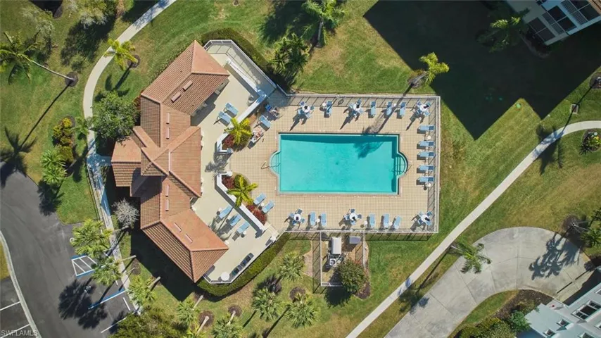 Aerial overview of property's location featuring a pool