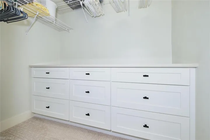 Walk in closet featuring light carpet