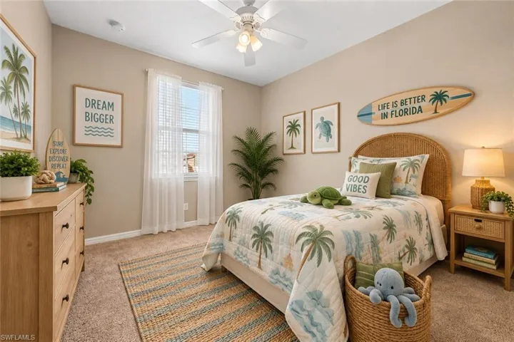 Recessed lighting, ceiling fan, and carpeted flooring