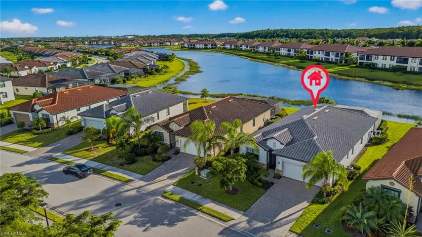 Aerial perspective of suburban area featuring a nearby body of water