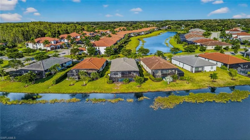 Aerial perspective of suburban area featuring a large body of water