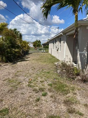 Side yard featuring a chain-link fence, mature palm trees, and established shrubs bordering the stucco exterior