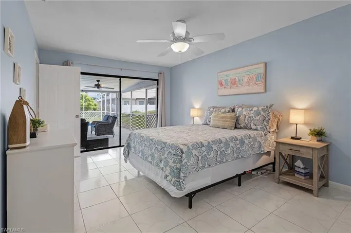 Bedroom featuring ceiling fan and access to outside