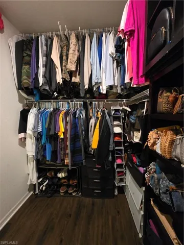 Walk in closet with dark wood-style floors