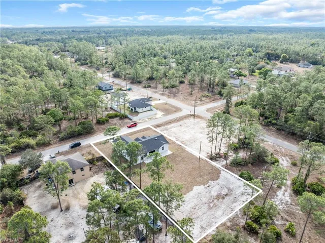 Aerial perspective of suburban area with a heavily wooded area