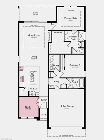 Floor Plan - Additional Highlights Include: impact windows, tray ceiling package, 8' interior doors, 80 AMP pool and spa prewire, LVP flooring throughout, GE cafe appliances, and lower and upper cabinets in laundry room