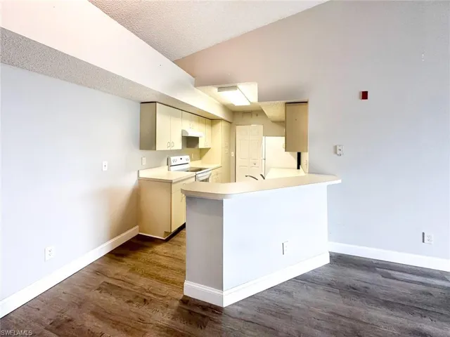 Kitchen with light countertops, a peninsula, white appliances, dark wood-style flooring, and a textured ceiling
