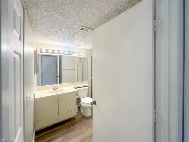 Bathroom with vanity, light wood-style flooring, and a textured ceiling
