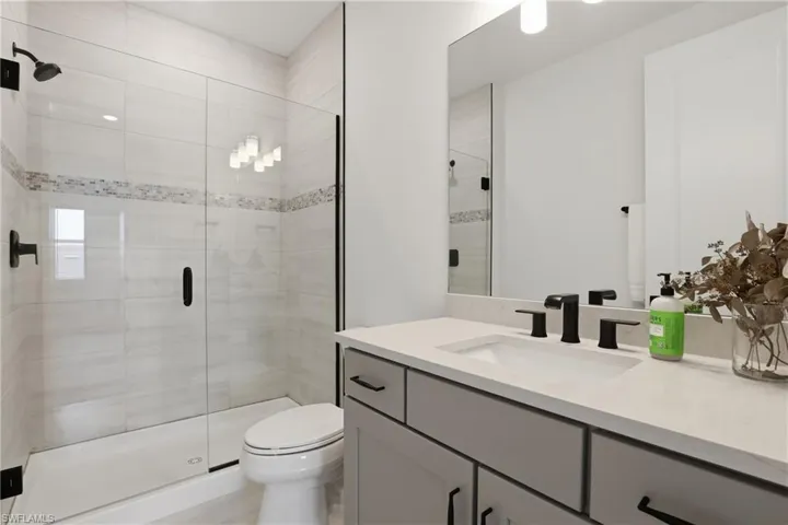 Full bath with vanity and a stall shower