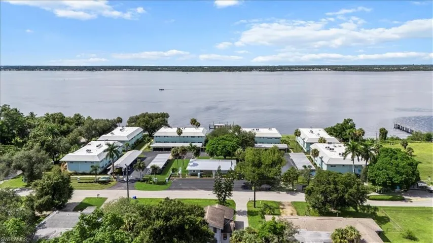 Aerial view of a nearby body of water