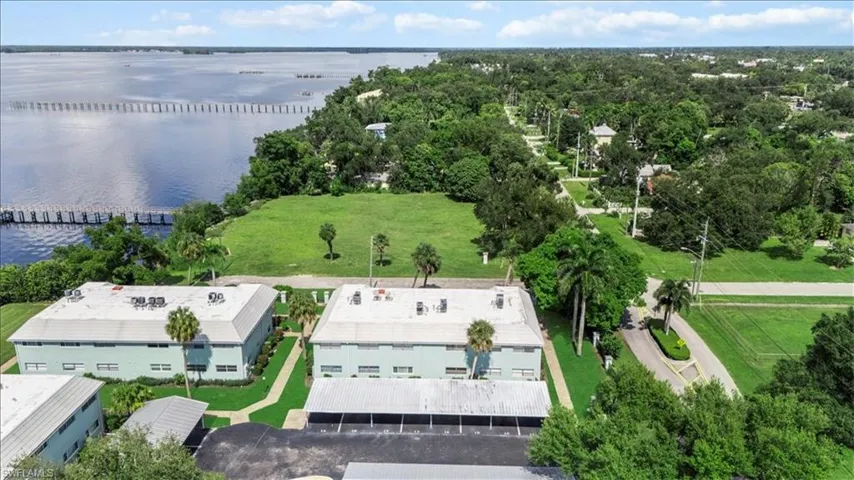 Aerial view of a nearby body of water