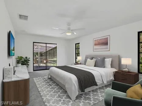 Bedroom featuring carpet, access to outside, and a ceiling fan