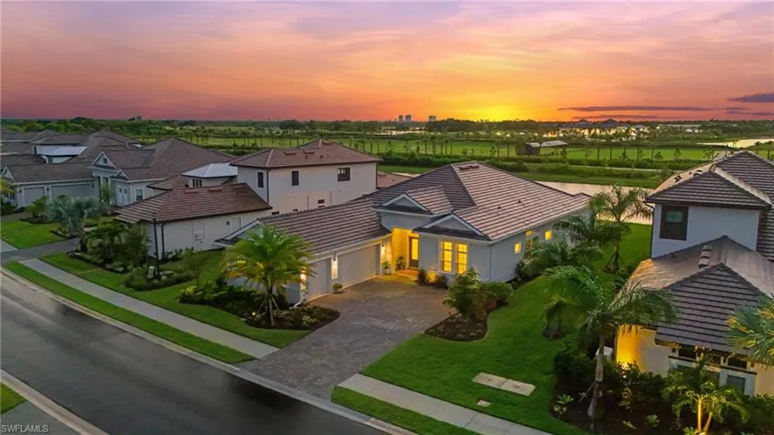 Aerial view at dusk of a residential view