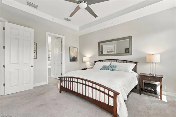 Spacious bedroom featuring neutral wall paint, a recessed 10' tray ceiling, and a central ceiling fan
