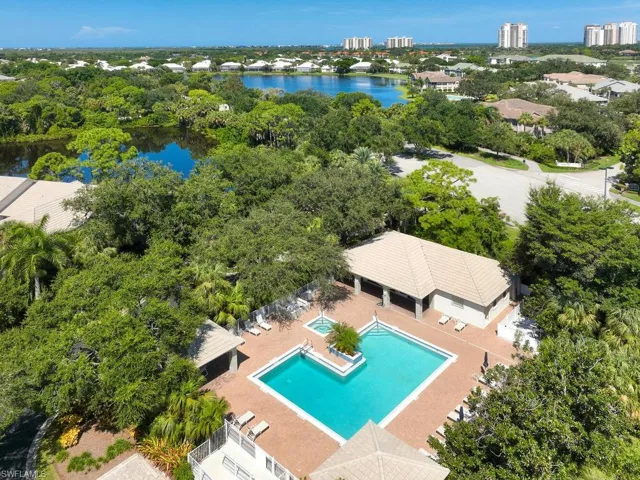 Aerial view of the pool and the Bonita Bay community.