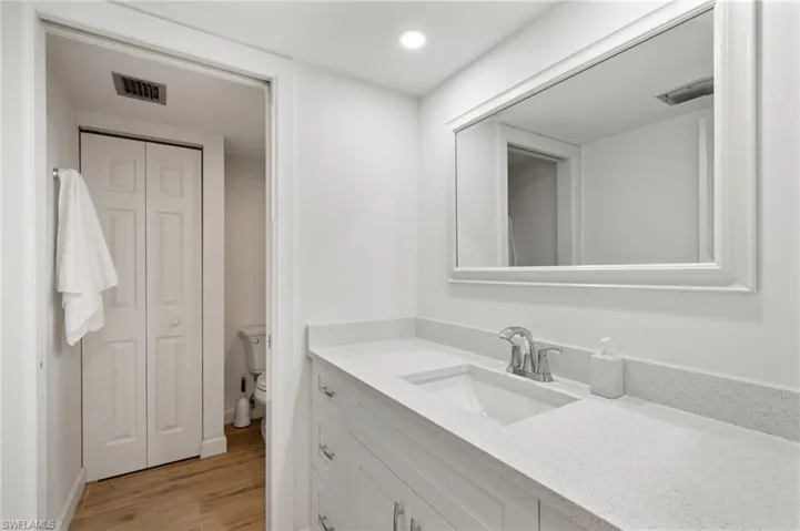 Bathroom with wood-type flooring, vanity, and toilet