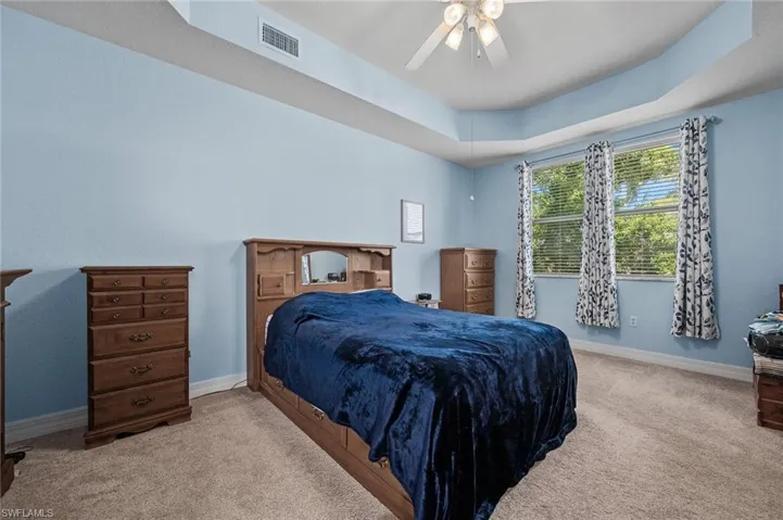 Bedroom with a tray ceiling, baseboards, visible vents, and carpet flooring