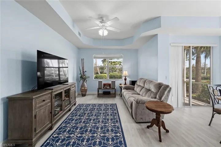 Living area featuring a tray ceiling, light wood-style floors, and plenty of natural light