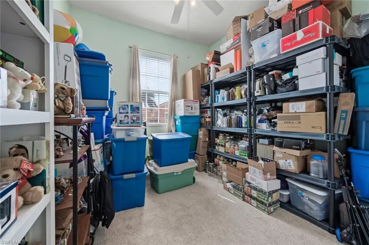 Carpeted bedroom used for storage featuring a ceiling fan