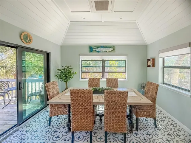 Dining room with lofted ceiling, visible vents, and baseboards