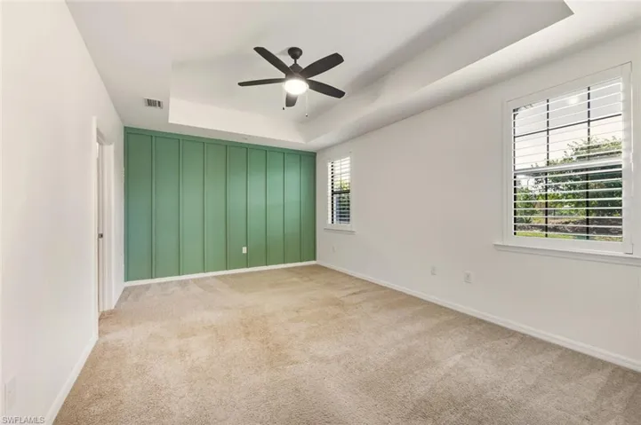 Unfurnished room featuring a raised ceiling, light colored carpet, and a ceiling fan