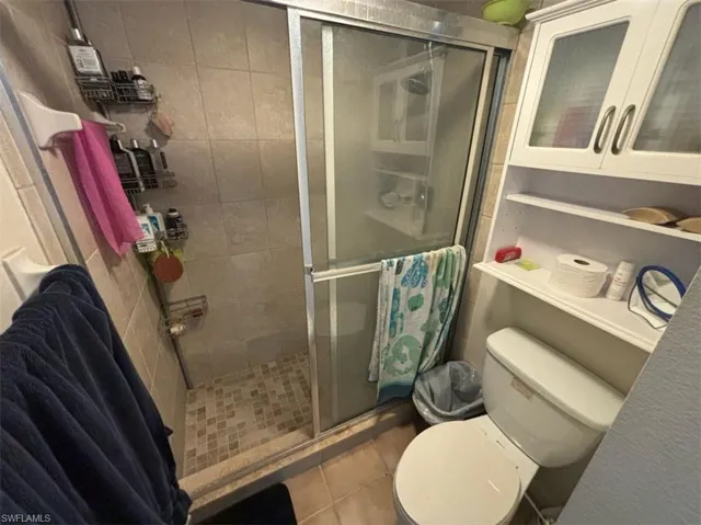 Bathroom featuring walk in shower, tile flooring, and toilet