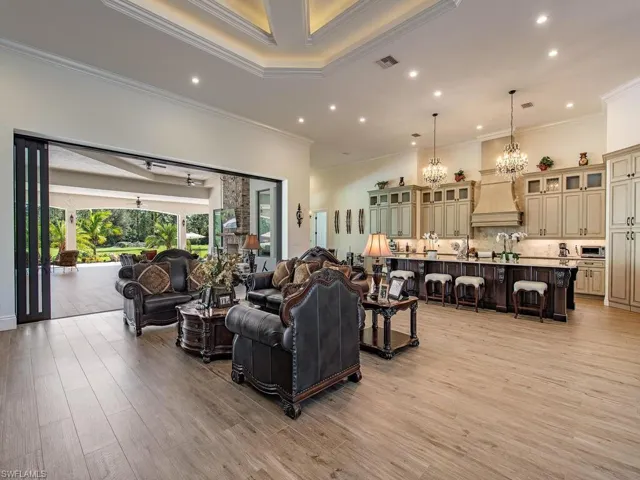 Living room with light hardwood / wood-style flooring, ornamental molding, a raised ceiling, and a chandelier