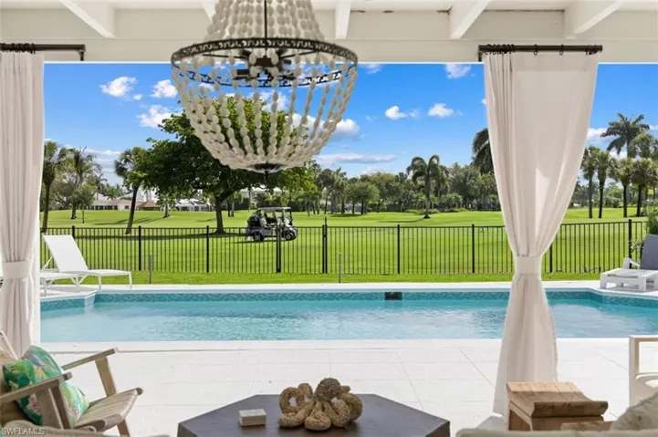 View of swimming pool with a fenced backyard, golf course view, and a patio