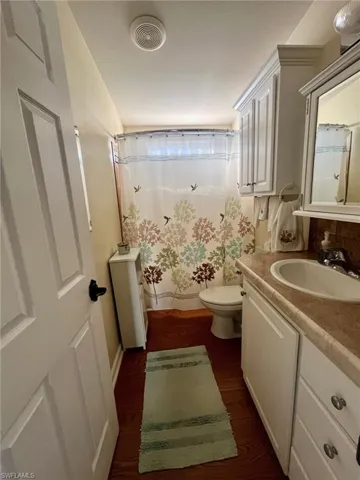 Bathroom with vanity, dark wood finished floors, and curtained shower