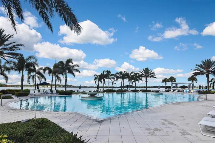 Community pool with a gazebo and a patio