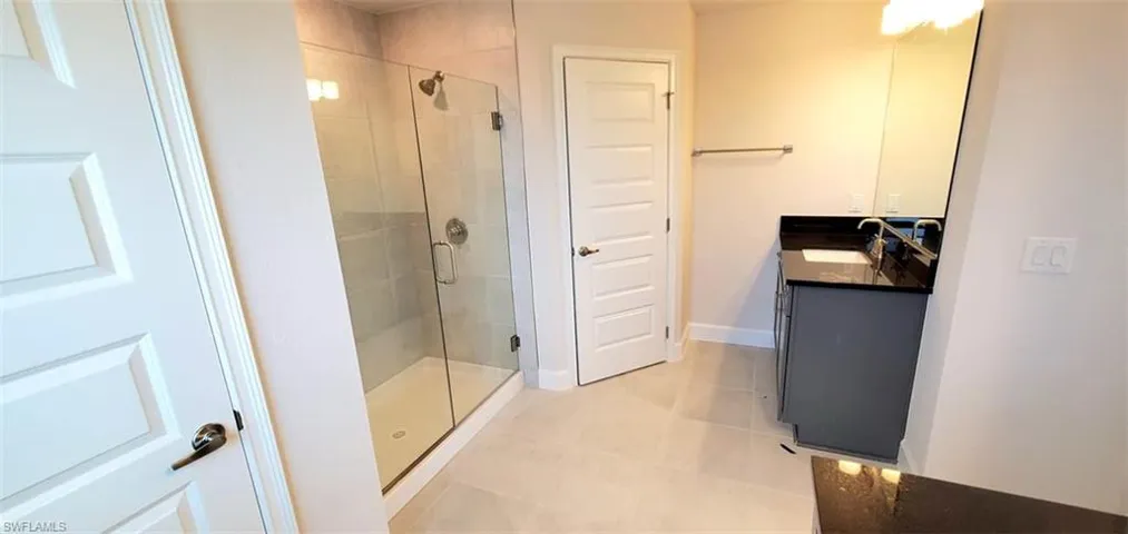Primary Bathroom featuring vanity and a shower with shower door