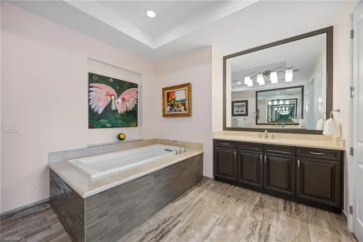 Bathroom featuring vanity, a bath, and large format Porcelain tile finished floors