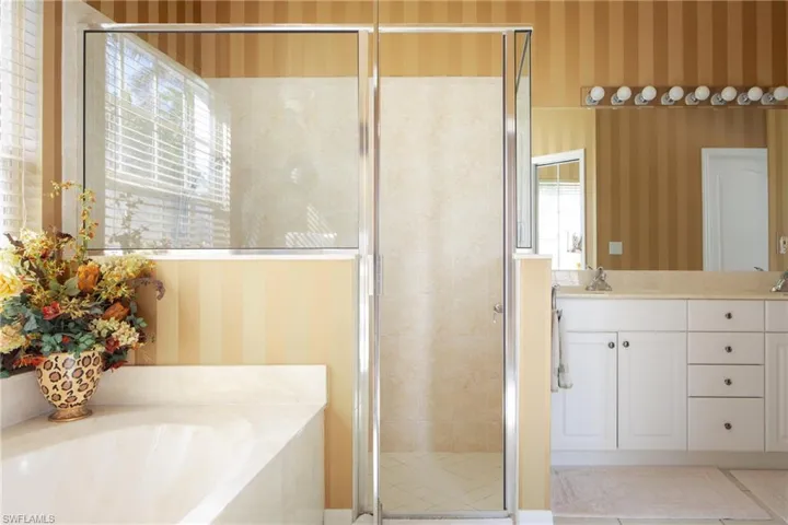 Bathroom with vanity and independent shower and bath