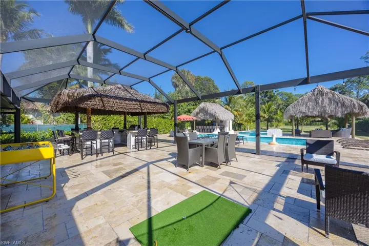 View of patio / terrace with a lanai, outdoor dining area, and an outdoor pool