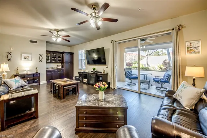 View looking through the living room to the patio
