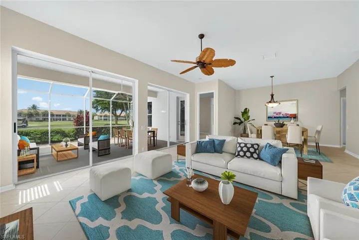 Living Room, Dining Area and Lanai. Virtually staged.