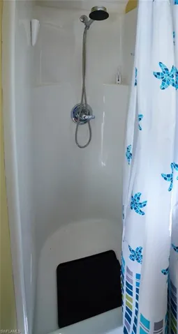 Bathroom with a shower with shower curtain