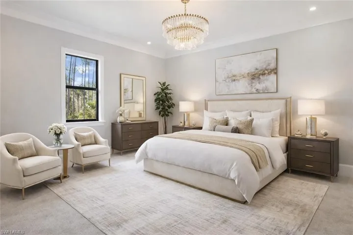 Virtually Staged Bedroom featuring carpet, hanging lights, and crown molding