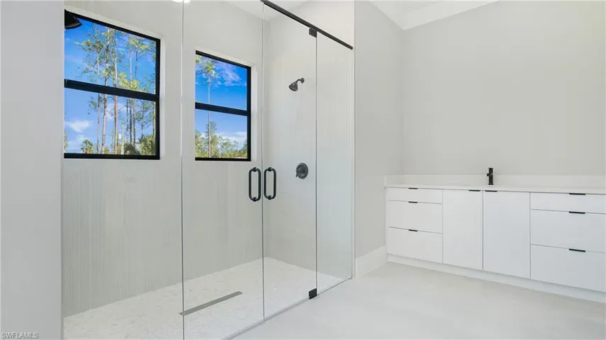 Full bath with vanity and a shower stall