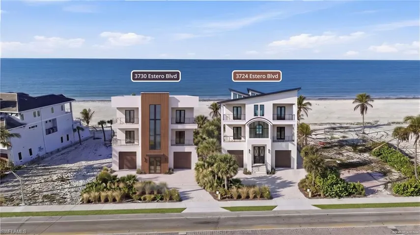 Modern architectural design with multiple balconies, direct beach access, and a paved driveway - Virtually Edited Image