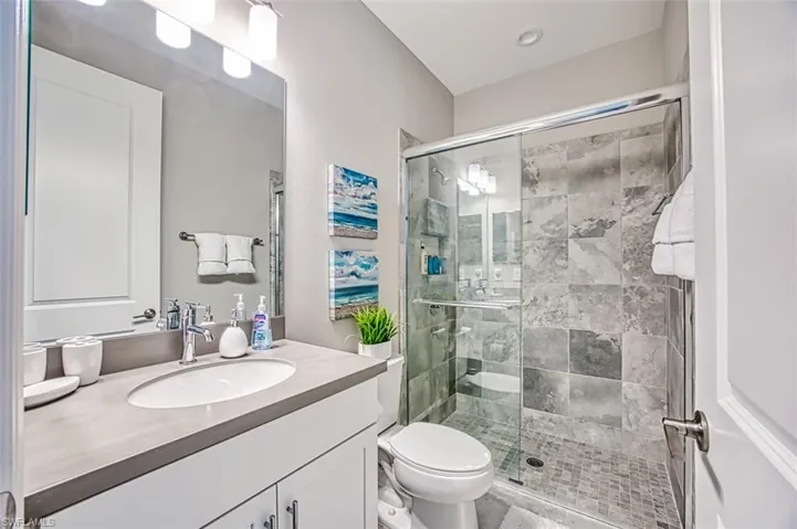 Full bath featuring vanity and a shower stall