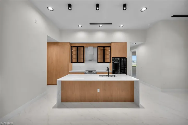 Kitchen featuring modern cabinets, recessed lighting, ventilation hood, a sink, and black refrigerator