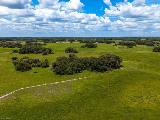 Expansive green acreage featuring scattered tree groupings and a natural dirt path