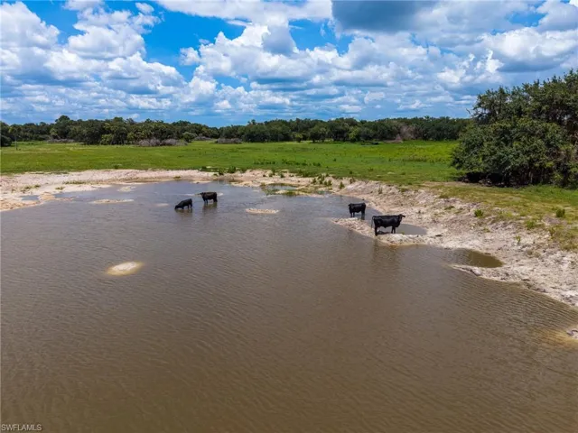 Expansive natural water feature with surrounding sandy banks, bordered by a large grassy pasture and mature trees