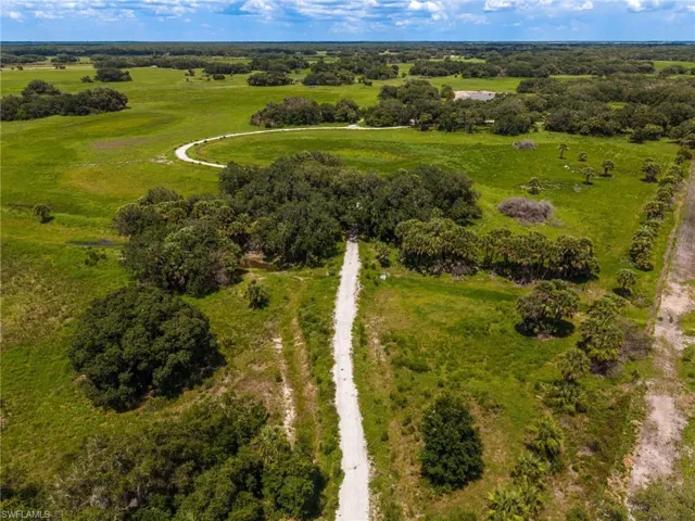 Expansive acreage featuring a long, unpaved driveway, abundant green foliage, scattered trees, and a distant body of water